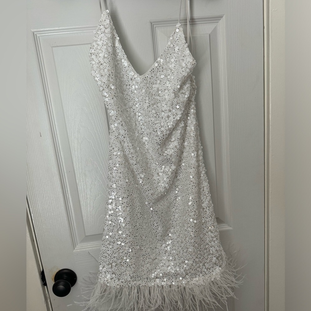 Lulu’s White Sequin Mini Dress with Feather Hem Size S